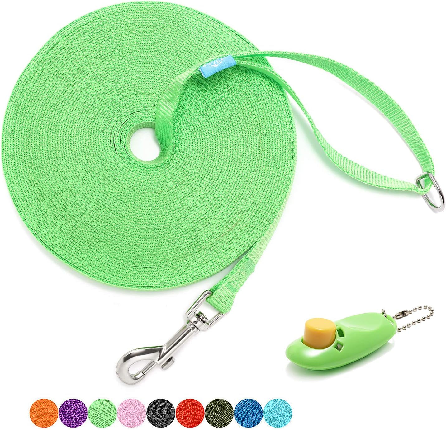 50 Ft Long Leash for Dog Training, Play, Camping, or Backyard Lead with Free Training Clickers for Small, Medium and Large Dogs (Blue)