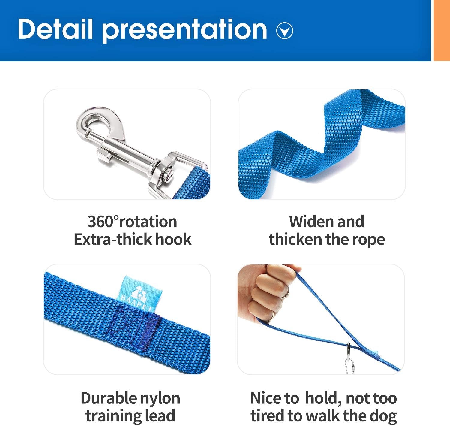 50 Ft Long Leash for Dog Training, Play, Camping, or Backyard Lead with Free Training Clickers for Small, Medium and Large Dogs (Blue)