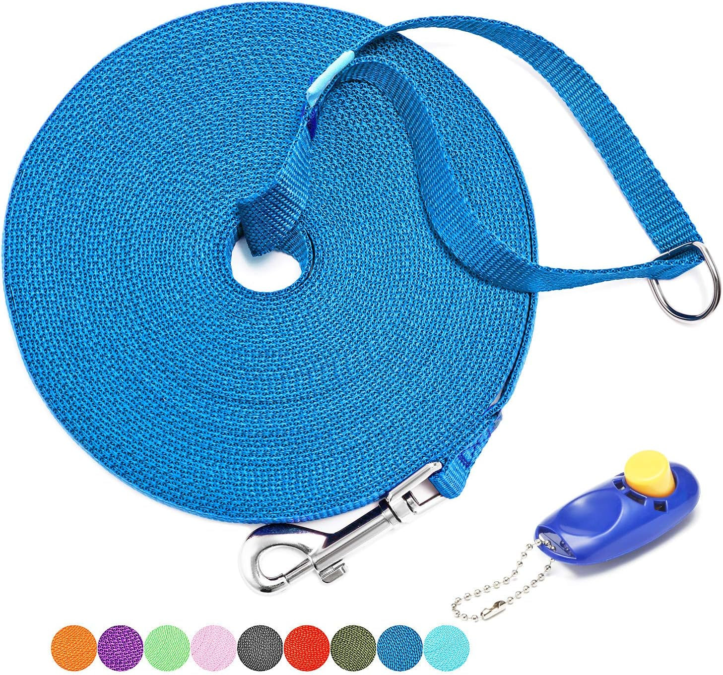 50 Ft Long Leash for Dog Training, Play, Camping, or Backyard Lead with Free Training Clickers for Small, Medium and Large Dogs (Blue)