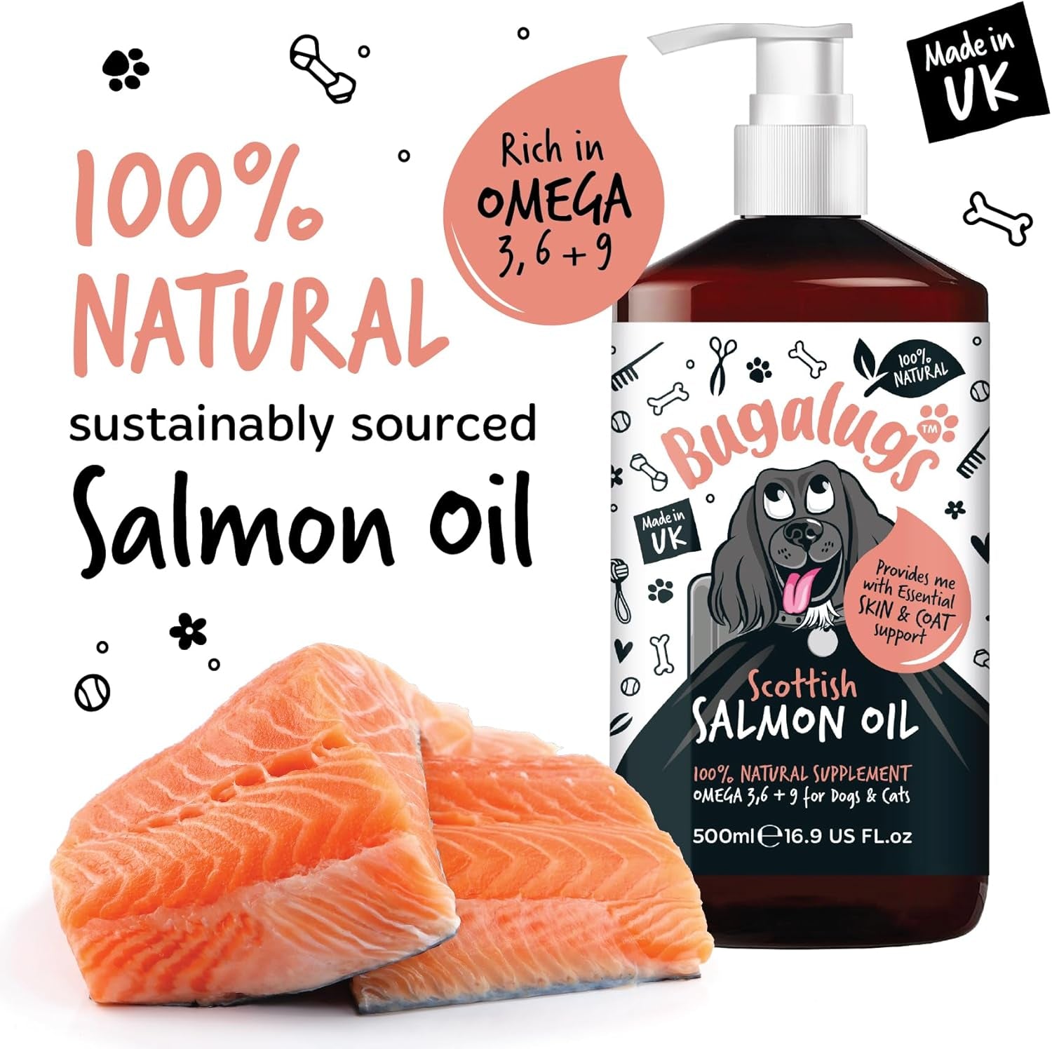 Scottish Salmon Oil for Dogs & Cats, Dog Supplement Support for Skin and Coat, Itchy Skin & Moulting, Omega 3 Fish Oil (Salmon, 500Ml)