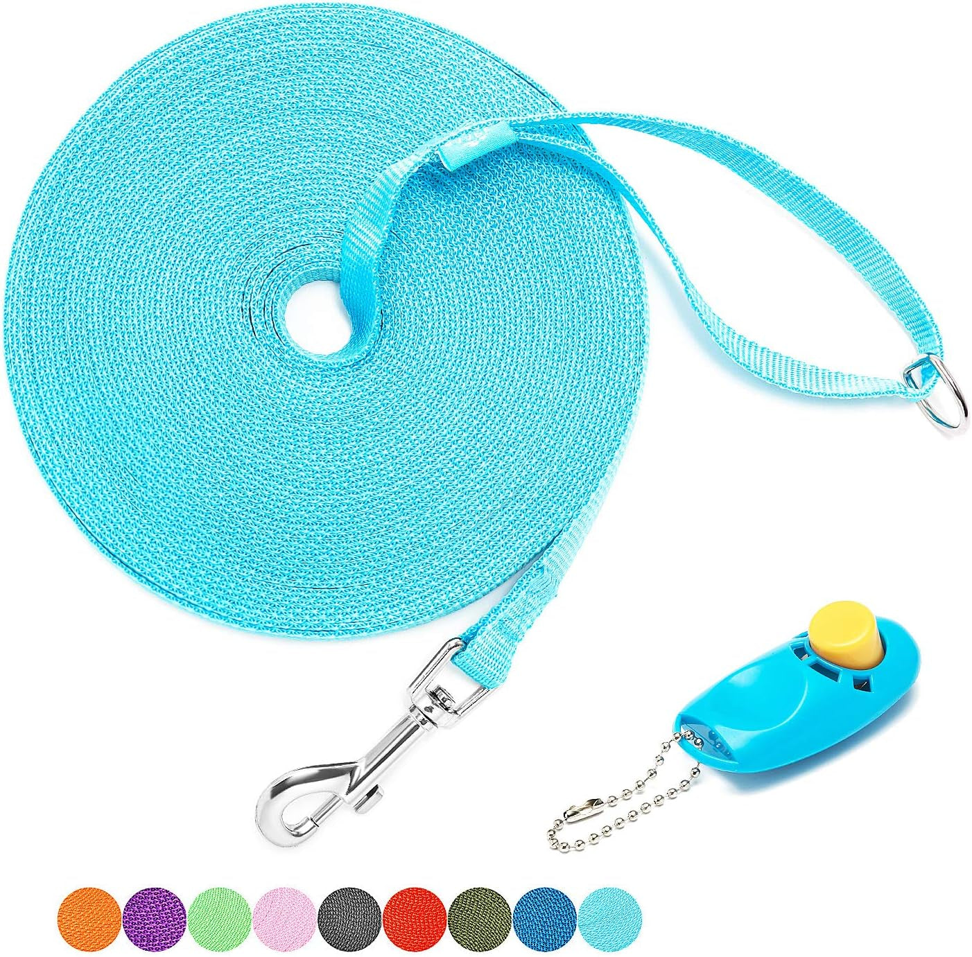 50 Ft Long Leash for Dog Training, Play, Camping, or Backyard Lead with Free Training Clickers for Small, Medium and Large Dogs (Blue)