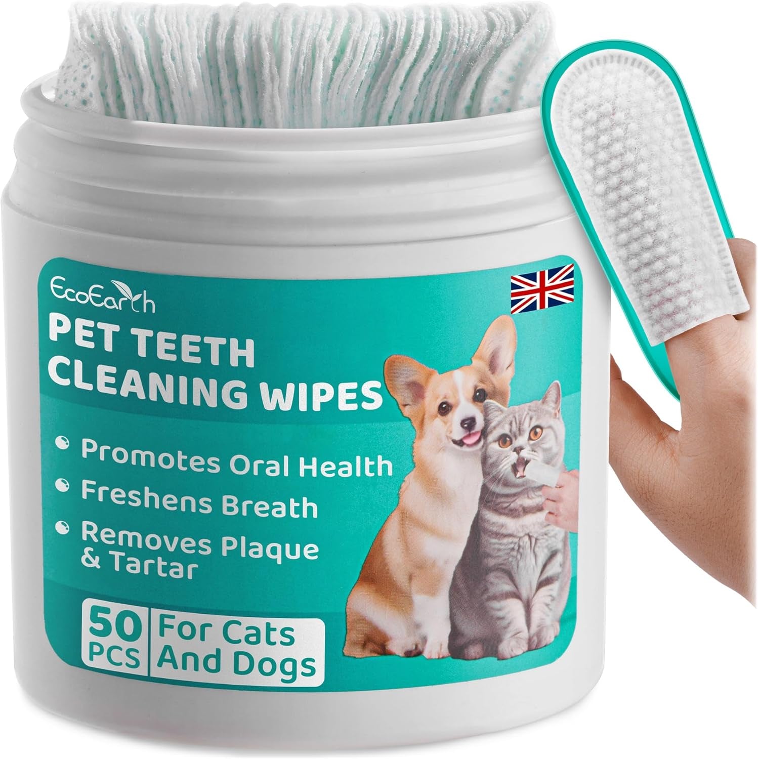 Premium Teeth Cleaning Wipes for Dogs & Cats - 50 Pcs - Pet Dental Care Finger Pads for Fresh Breath & Oral Hygiene - Embossed Pattern & Nano Plastic-Dotting to Remove Plaque & Tartar