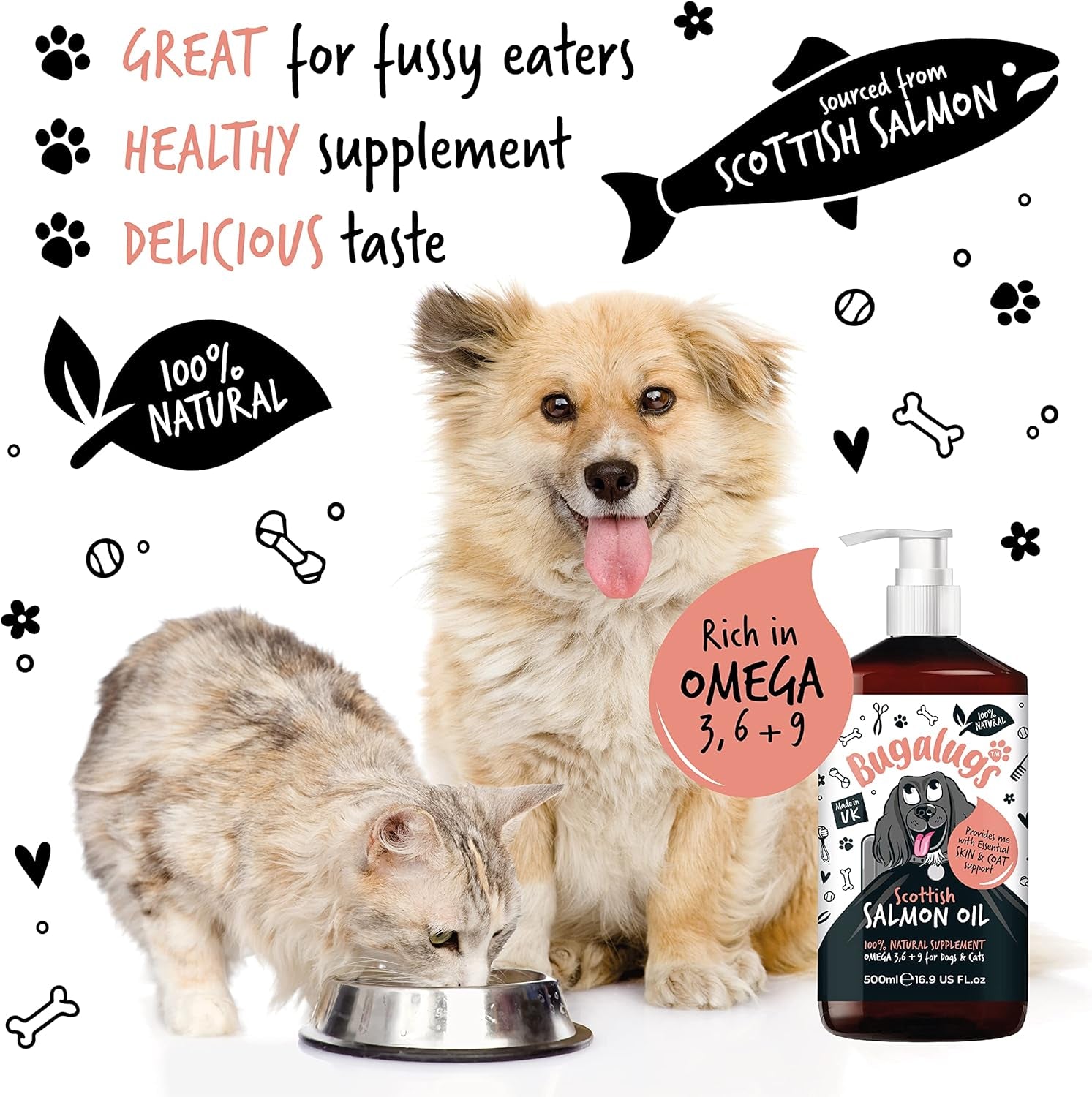 Scottish Salmon Oil for Dogs & Cats, Dog Supplement Support for Skin and Coat, Itchy Skin & Moulting, Omega 3 Fish Oil (Salmon, 500Ml)