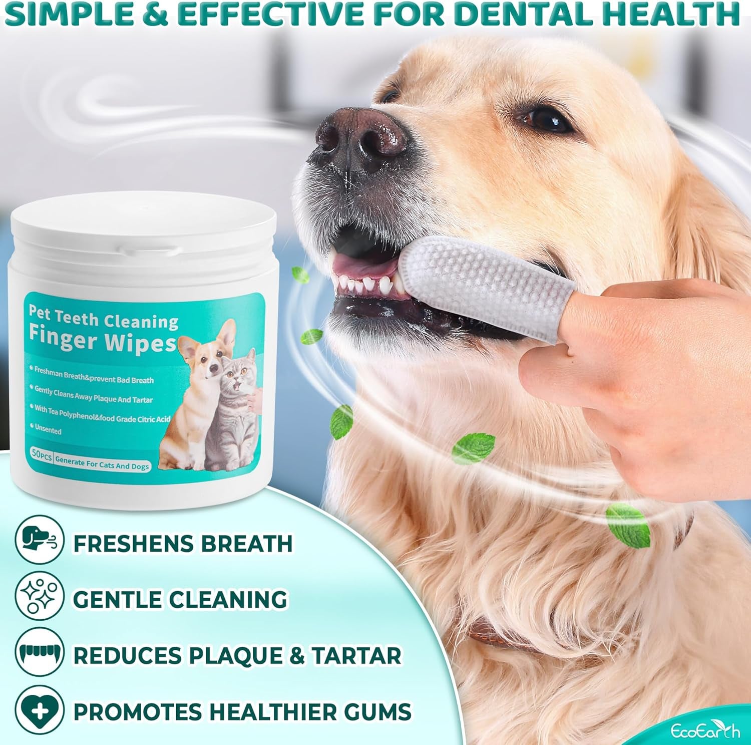 Premium Teeth Cleaning Wipes for Dogs & Cats - 50 Pcs - Pet Dental Care Finger Pads for Fresh Breath & Oral Hygiene - Embossed Pattern & Nano Plastic-Dotting to Remove Plaque & Tartar